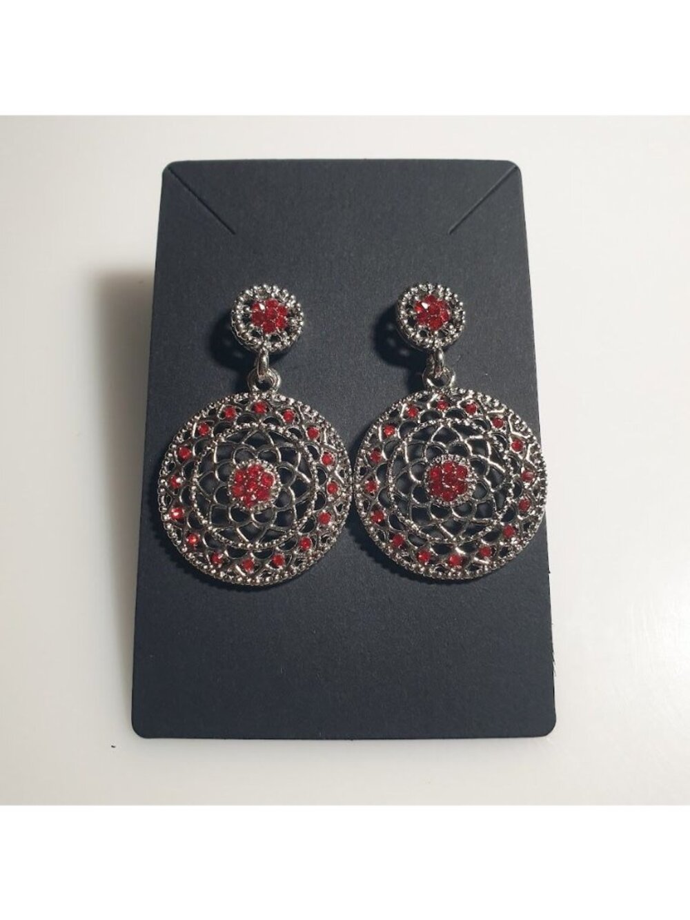 Silver Red Rhinestone Dangle Drop Earrings Filigree Fashion 1.75 In Pierced New